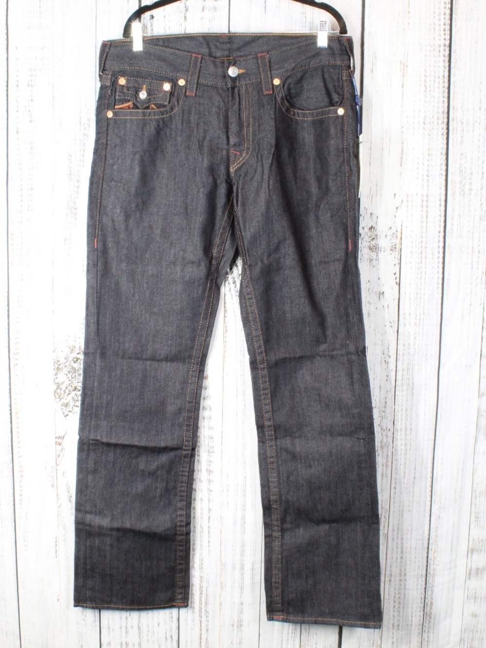 NWT True Religion Straight Leg Flap Jeans Sunset Logo Orange Red Stitch Size 33